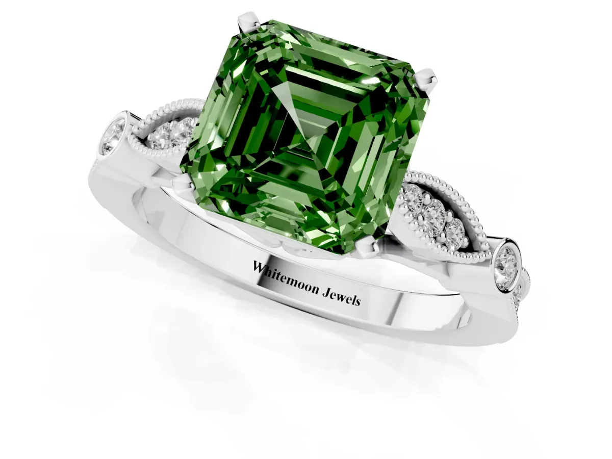 Fancy Green Asscher Cut Cut Diamond with Milgrain Marquise and Bezel Accents on a Solitaire Band with Prong Setting Platinum