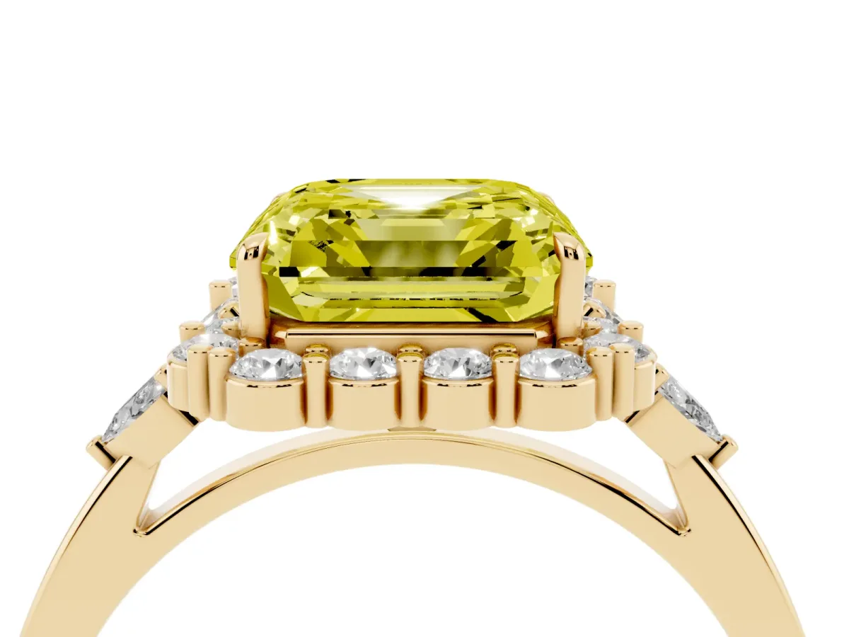 Fancy Yellow Asscher Cut Diamond Halo Ring with Pear Side Stones and Prong Setting Yellow gold