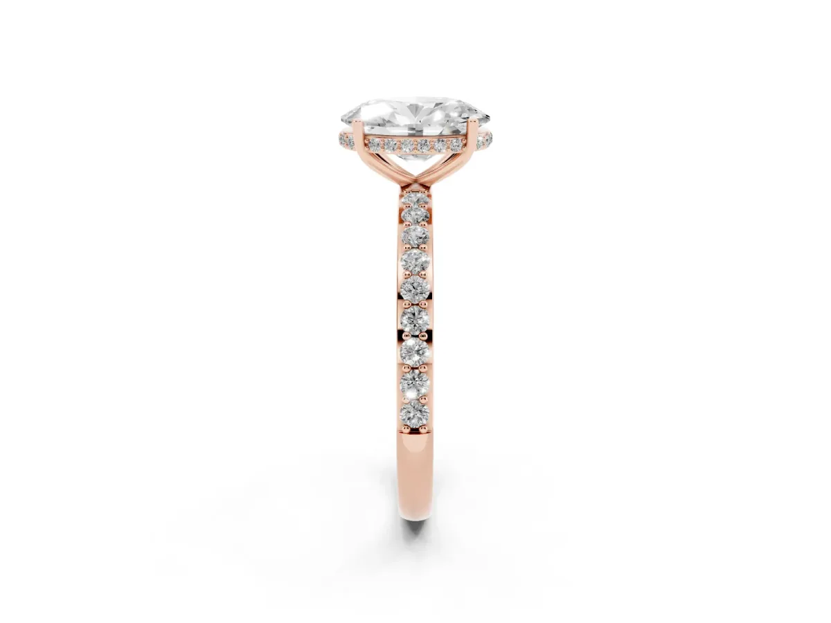 Oval Cut Diamond Solitaire Ring with Pavé Band and Hidden Halo Rose gold