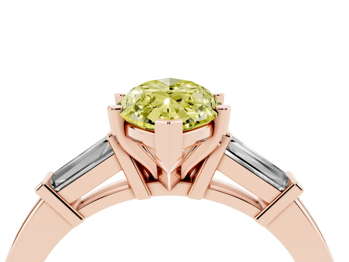 Fancy Yellow Marquise Cut Cut Diamond Solitaire Ring with Tapered Baguette Accents and Four-Prong Setting Rose gold