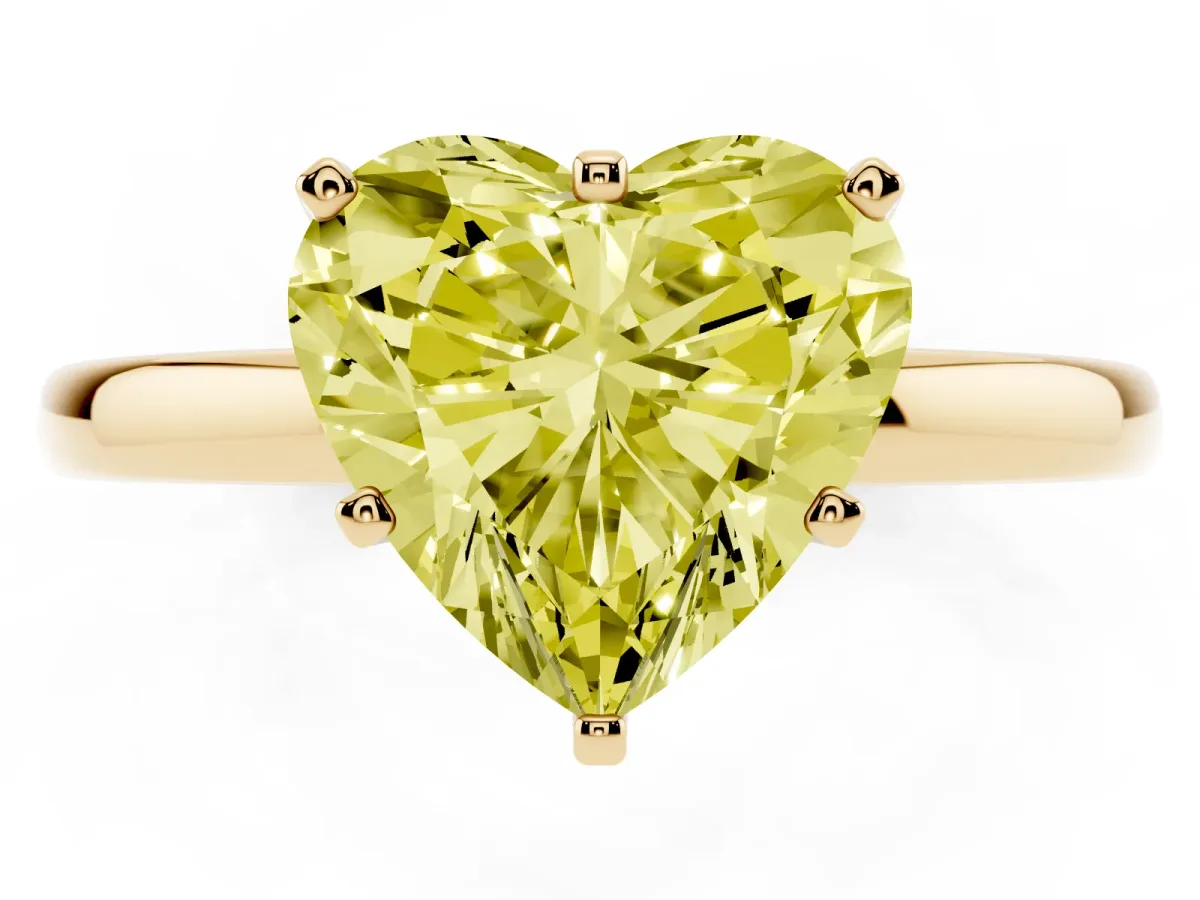 Fancy Yellow Heart Cut Solitaire Diamond Ring with Six-Prong Setting on a Classic Band Yellow gold