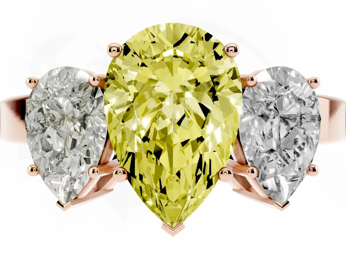Fancy Yellow Three-Stone Pear Cut Cut Diamond Engagement Ring with Flat Band and Four-Prong Setting Rose gold