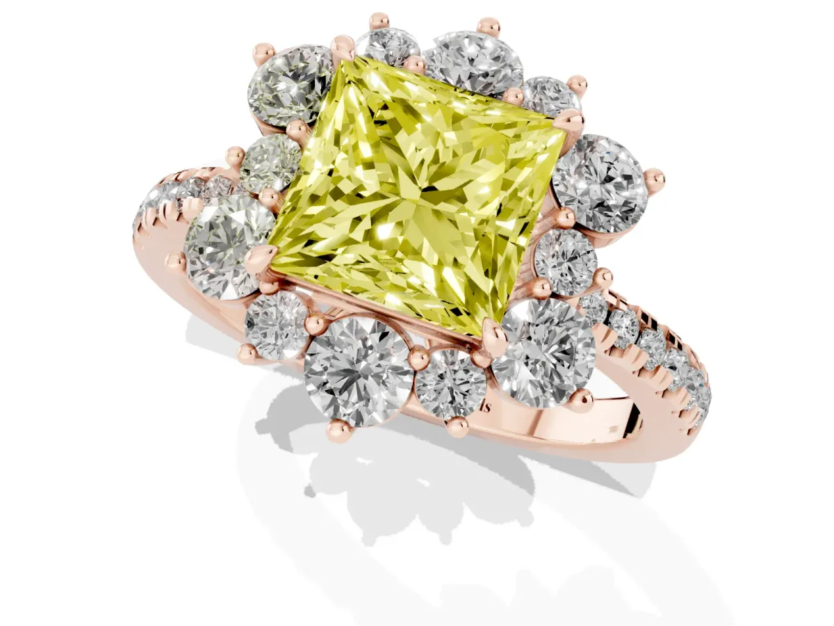 Fancy Yellow Princess Cut Diamond Floral Halo Ring with Round Pavé Band and Prong Setting Rose gold