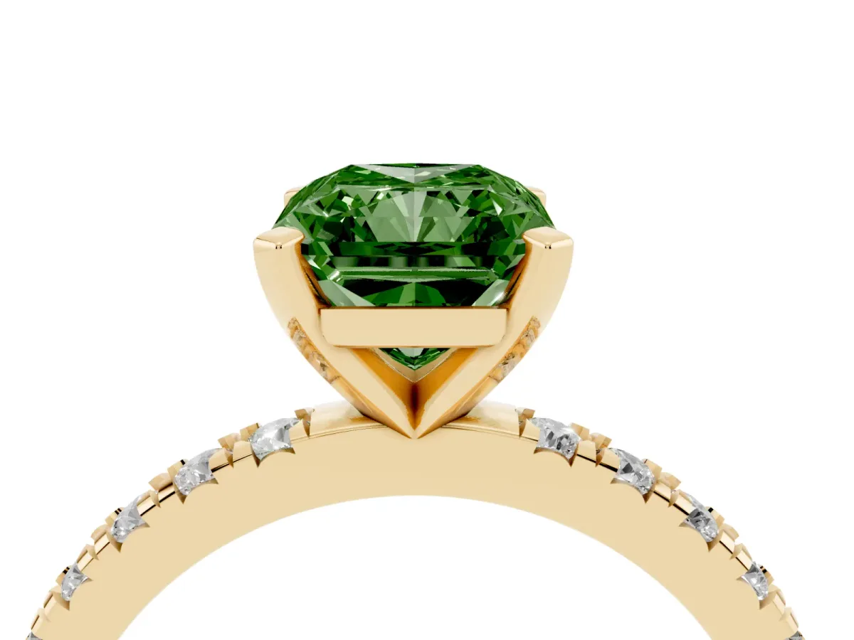 Fancy Green Radiant Cut Diamond Pavé Band Solitaire with Four-Prong Setting Yellow gold