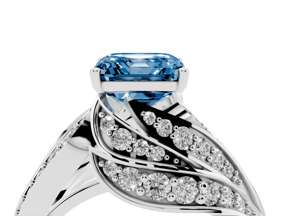 Fancy Blue Asscher Cut Diamond Solitaire Ring with Prong Setting and Twisted Pavé Band Silver