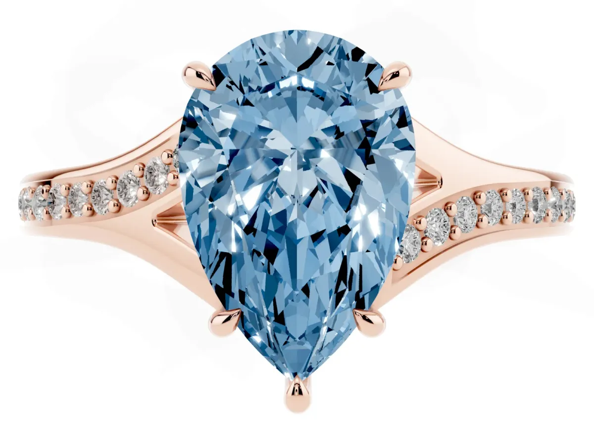 Fancy Blue Pear Cut Diamond Solitaire Ring with Pavé Band and Prong Setting Rose gold