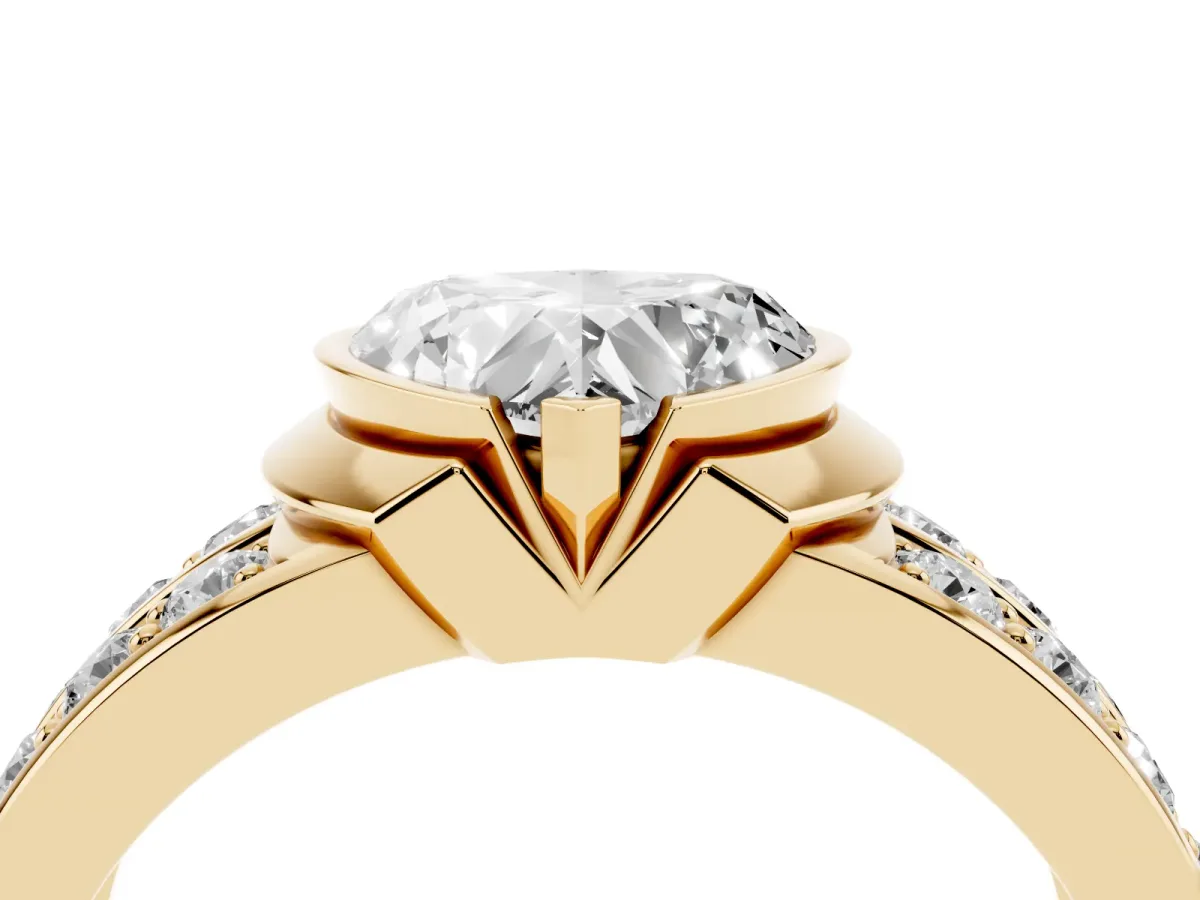 Heart Cut Brilliant Diamond Channel Set Wide Band Ring with Bezel Setting Yellow gold