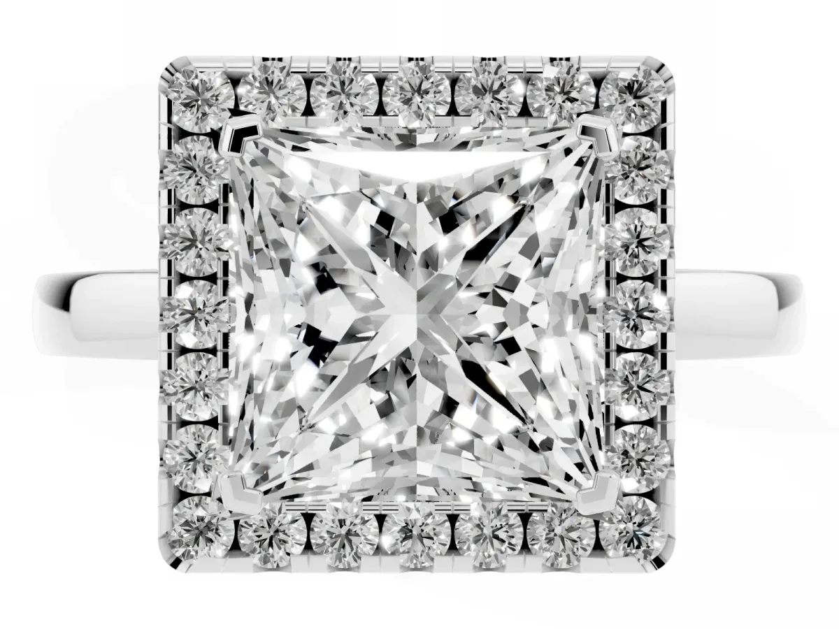 Princess Cut Halo Diamond Solitaire with Pavé Band and Four-Prong Setting Platinum
