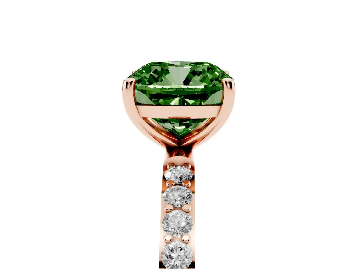 Fancy Green Cushion Cut Diamond Solitaire Ring with Round Pavé Shoulders and Prong Setting Rose gold
