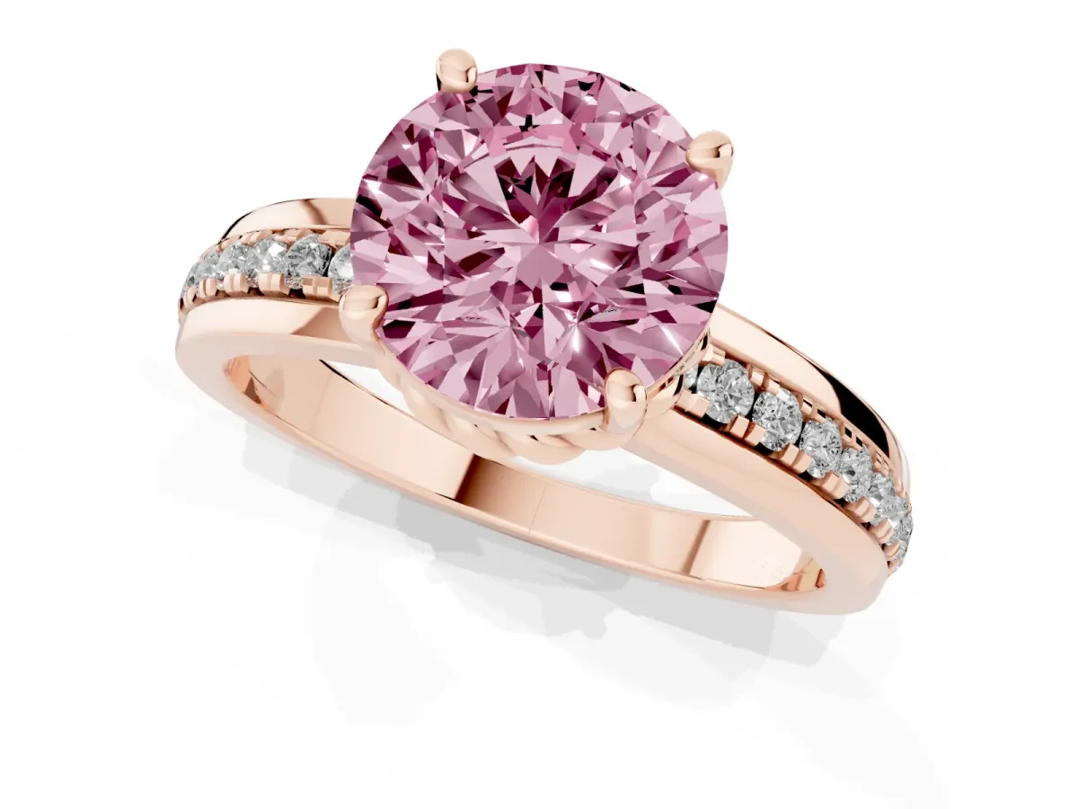Fancy Pink Round Cut Solitaire Diamond Ring with Channel Set Band and Six-Prong Setting Rose gold