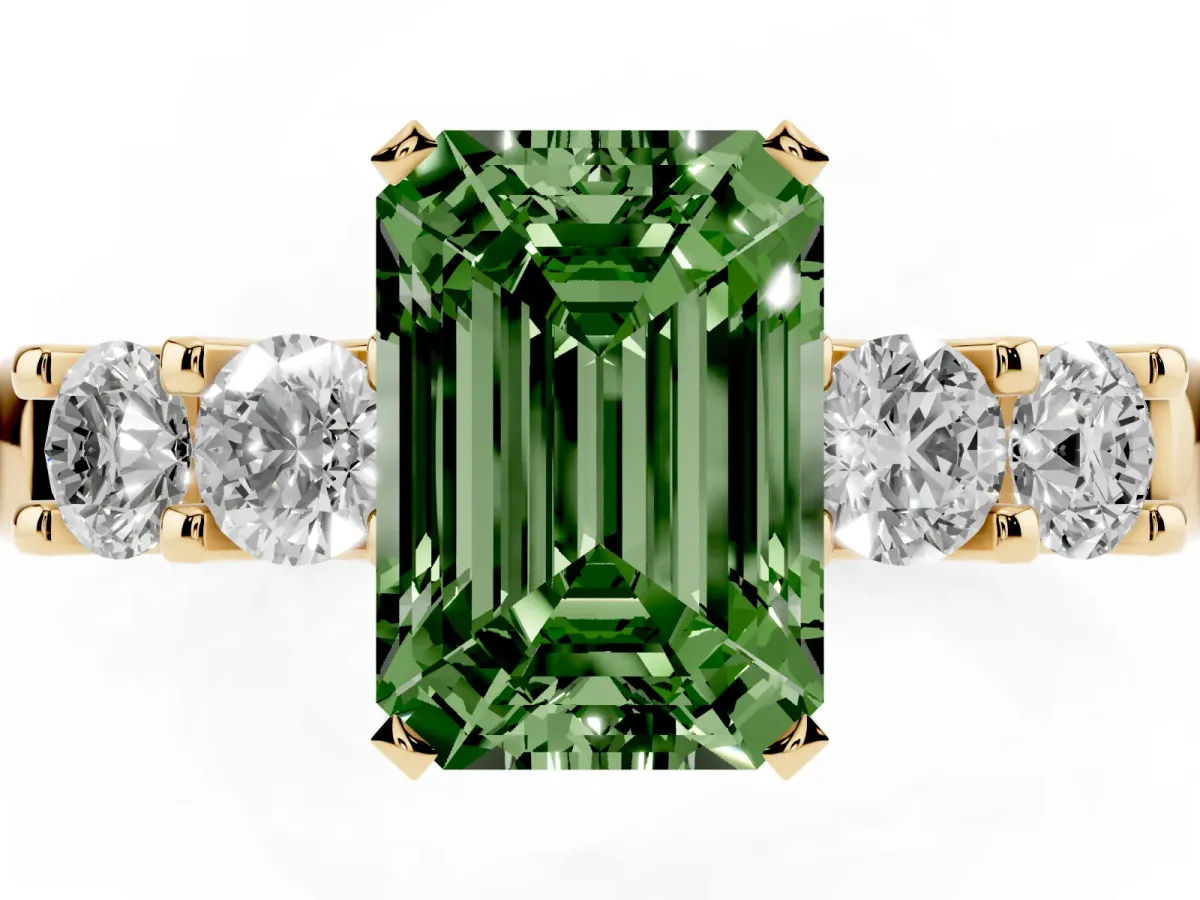 Fancy Green Emerald Cut Brilliant Cut Diamond Five-Stone Prong Set Engagement Ring with Channel Band Yellow gold