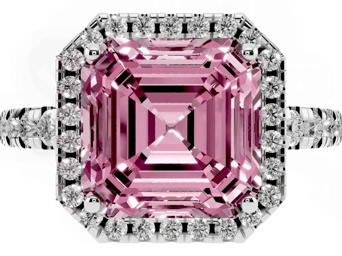 Fancy Pink Asscher Cut Diamond Halo Ring with Pavé Band and Four-Prong Setting White gold