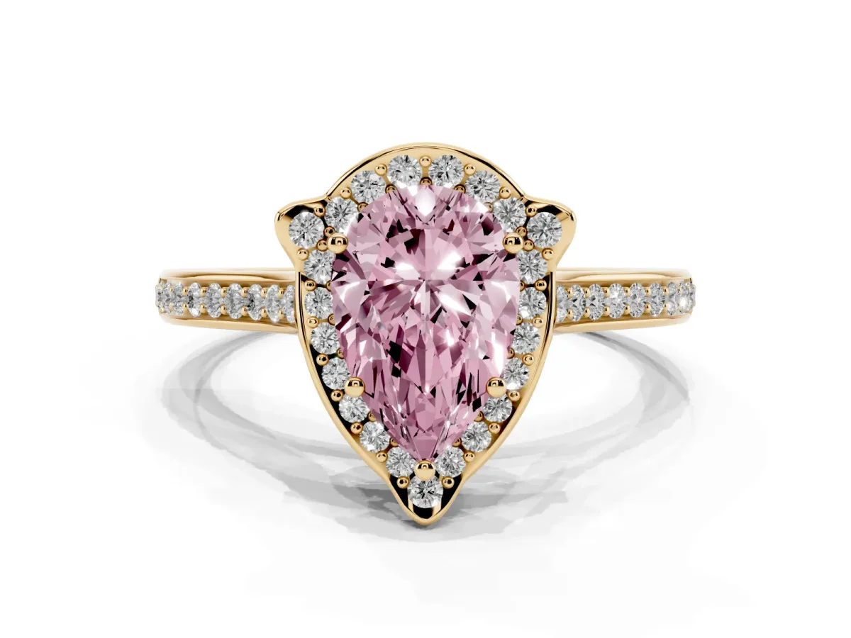 Fancy Pink Pear Cut Halo Round Diamond Pave Band with Four-Prong Setting Yellow gold
