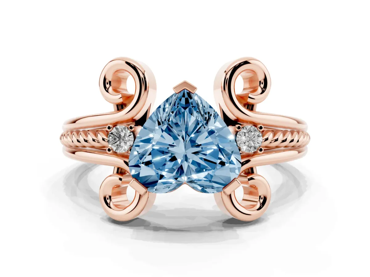 Fancy Blue Heart Cut Solitaire Twisted Band Scroll Prong Ring Rose gold