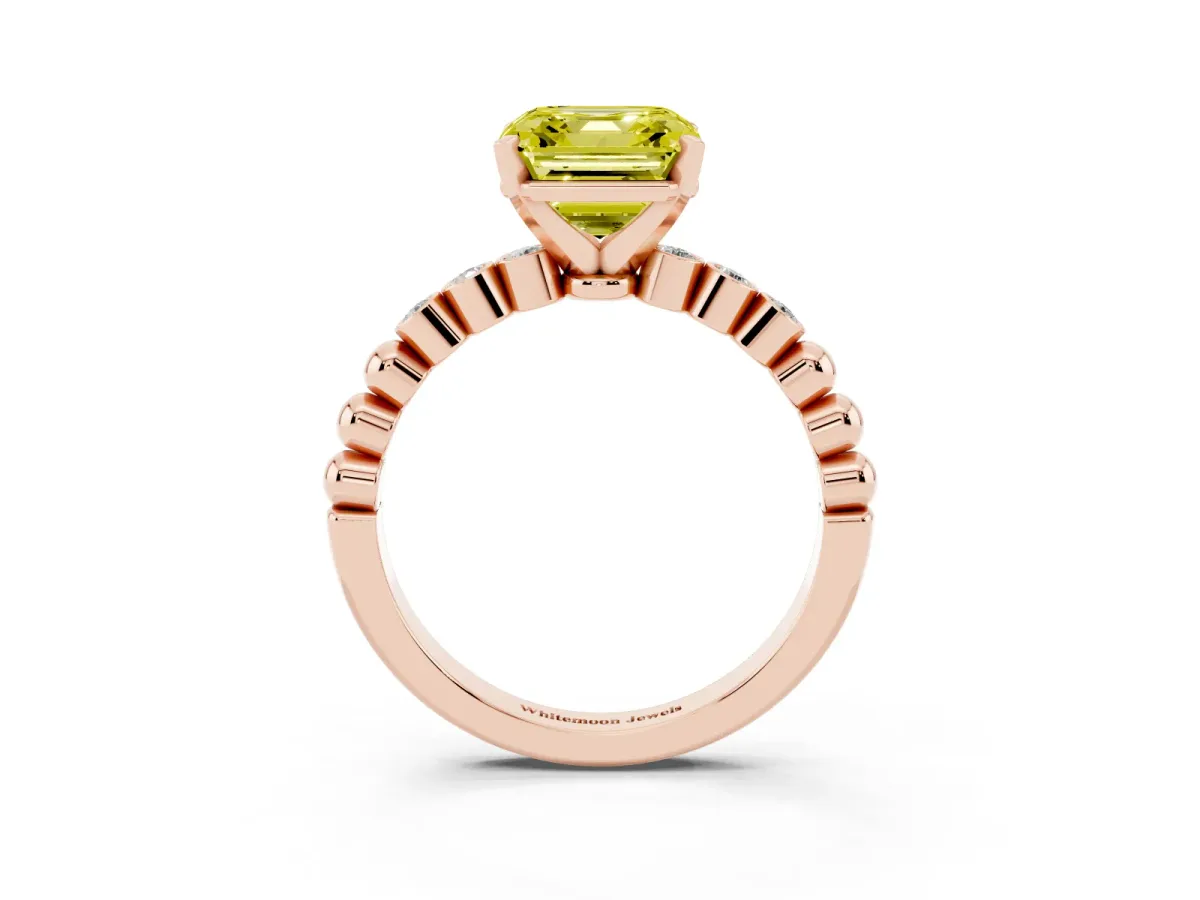 Fancy Yellow Asscher Cut Solitaire Bezel Accent Diamond Engagement Ring with Beaded Band and Four-Prong Setting Rose gold