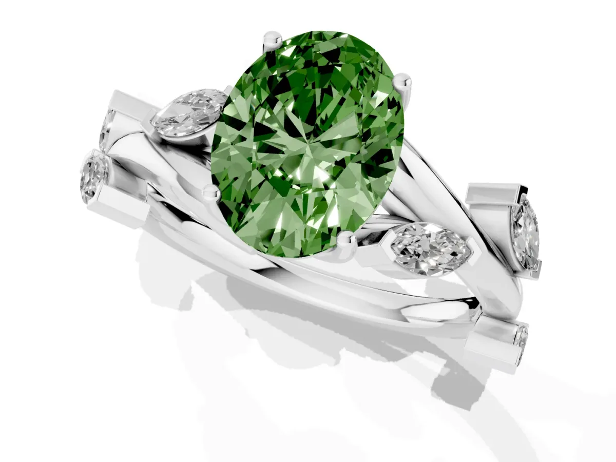 Fancy Green Oval Cut Solitaire Twisted Band Marquise Accent Prong Setting Ring Silver