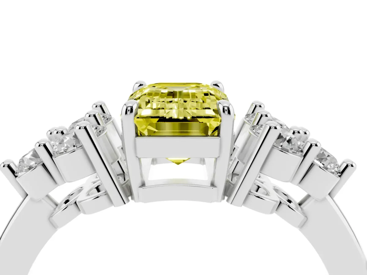 Fancy Yellow Emerald Cut Brilliant Diamond Cluster Accent Solitaire Ring with Prong Setting White gold