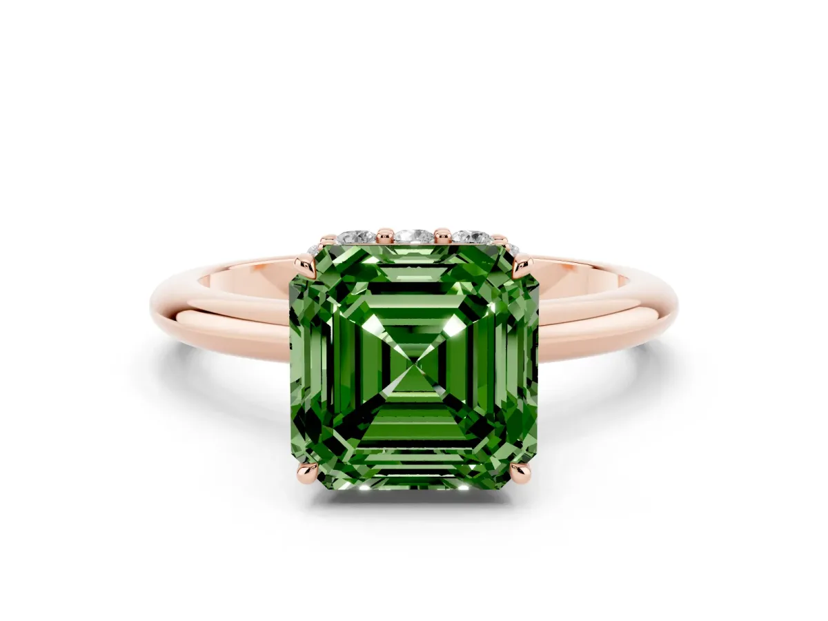 Fancy Green Asscher Cut Brilliant Solitaire Engagement Ring with Six-Prong Setting and Classic Band Rose gold