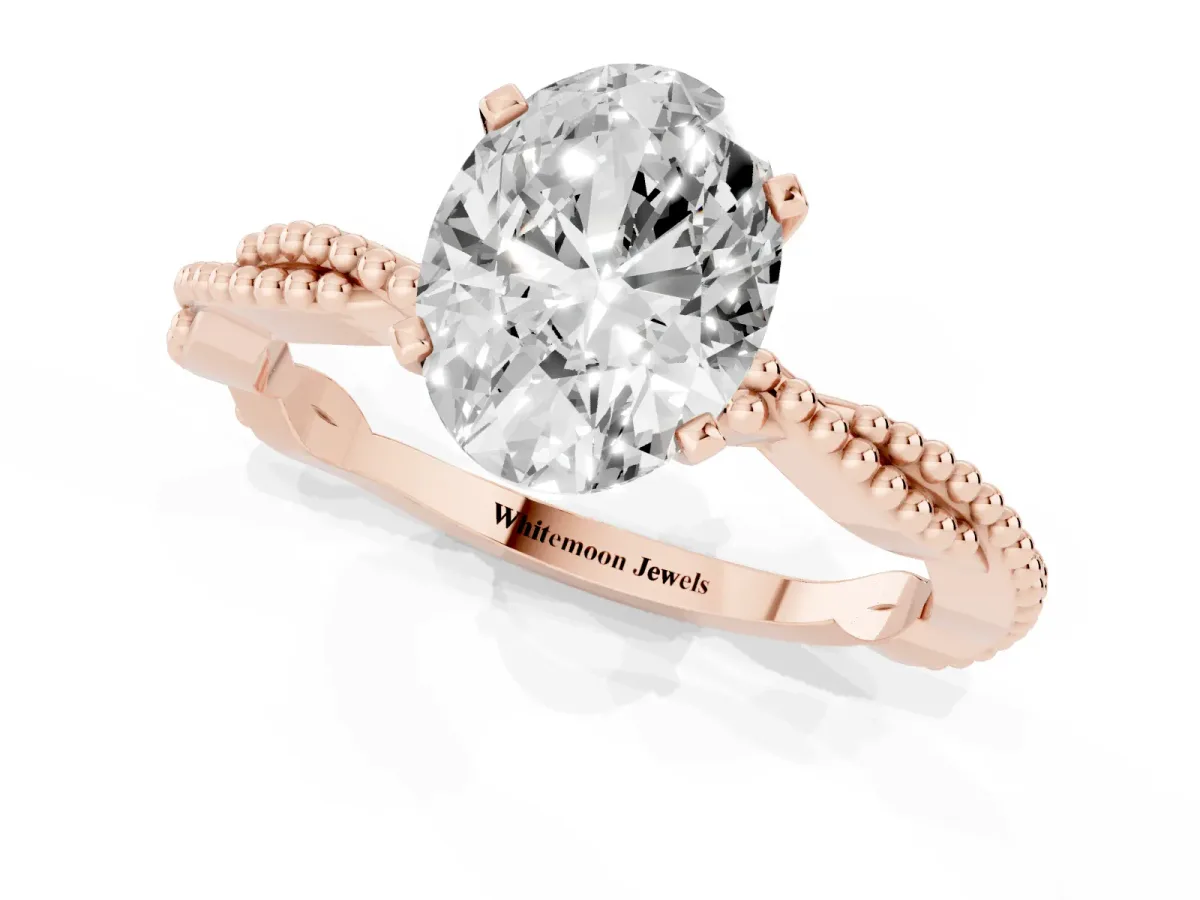 Oval Cut Solitaire Twisted Band with Bead Prong Setting Rose gold