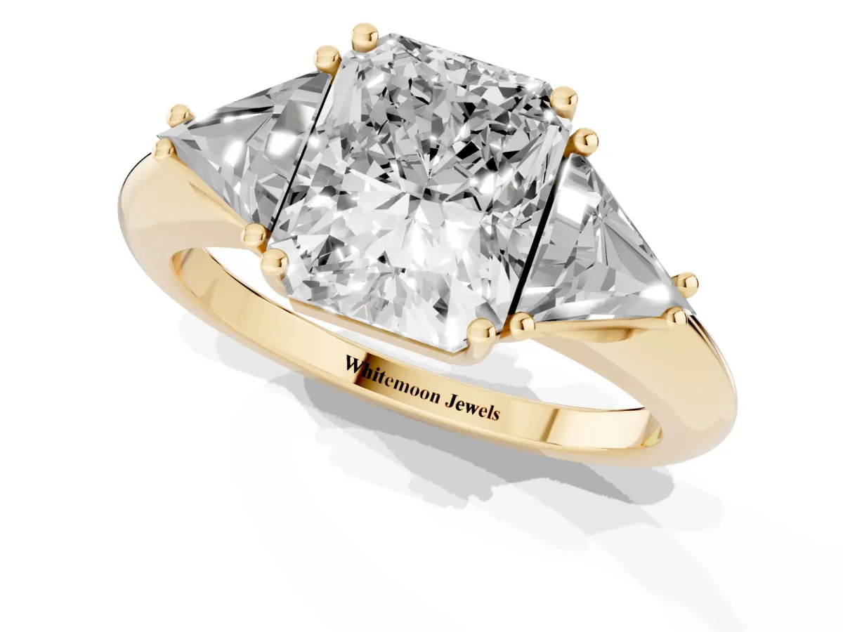 Three-Stone Radiant Cut Diamond Engagement Ring with Trillion Side Stones and Prong Setting Yellow gold