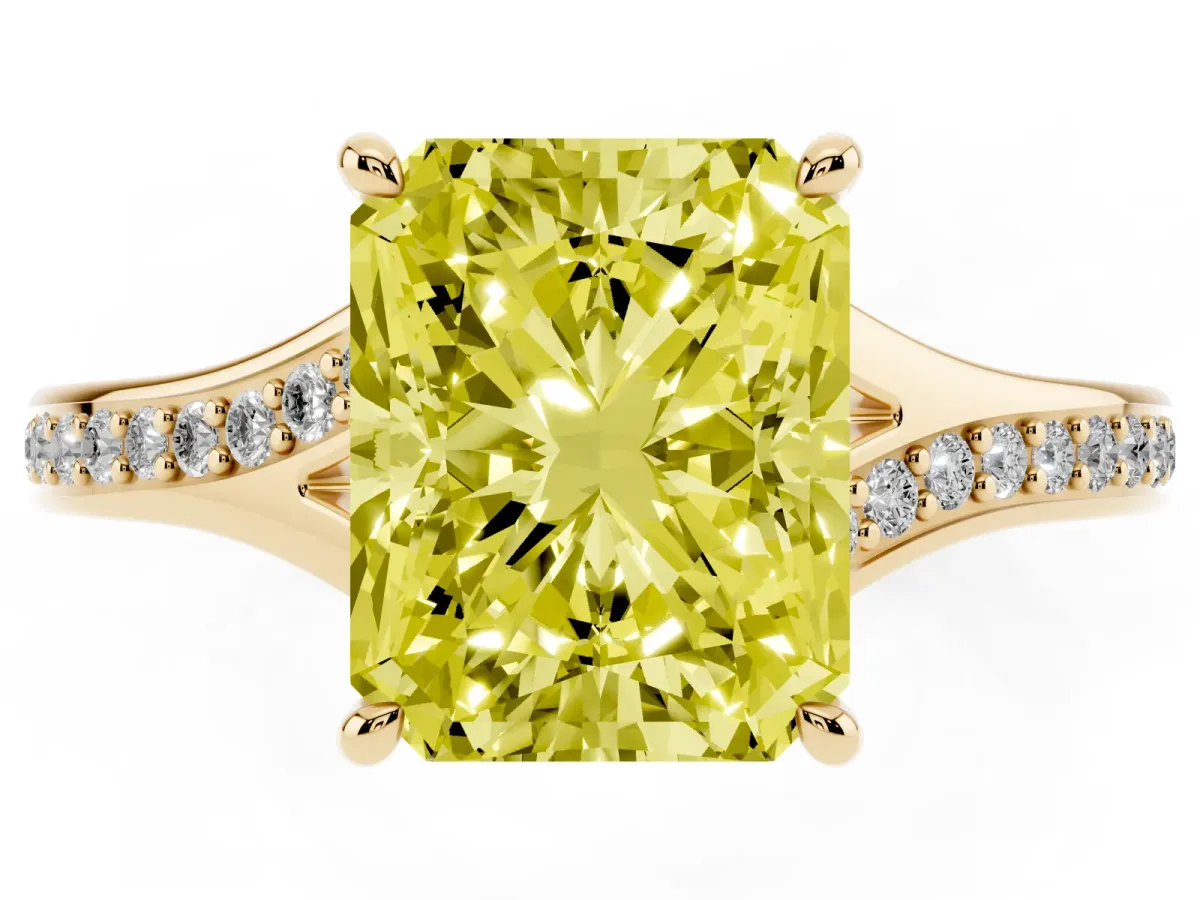 Fancy Yellow Radiant Cut Diamond Solitaire Ring with Pavé Band and Prong Setting Yellow gold