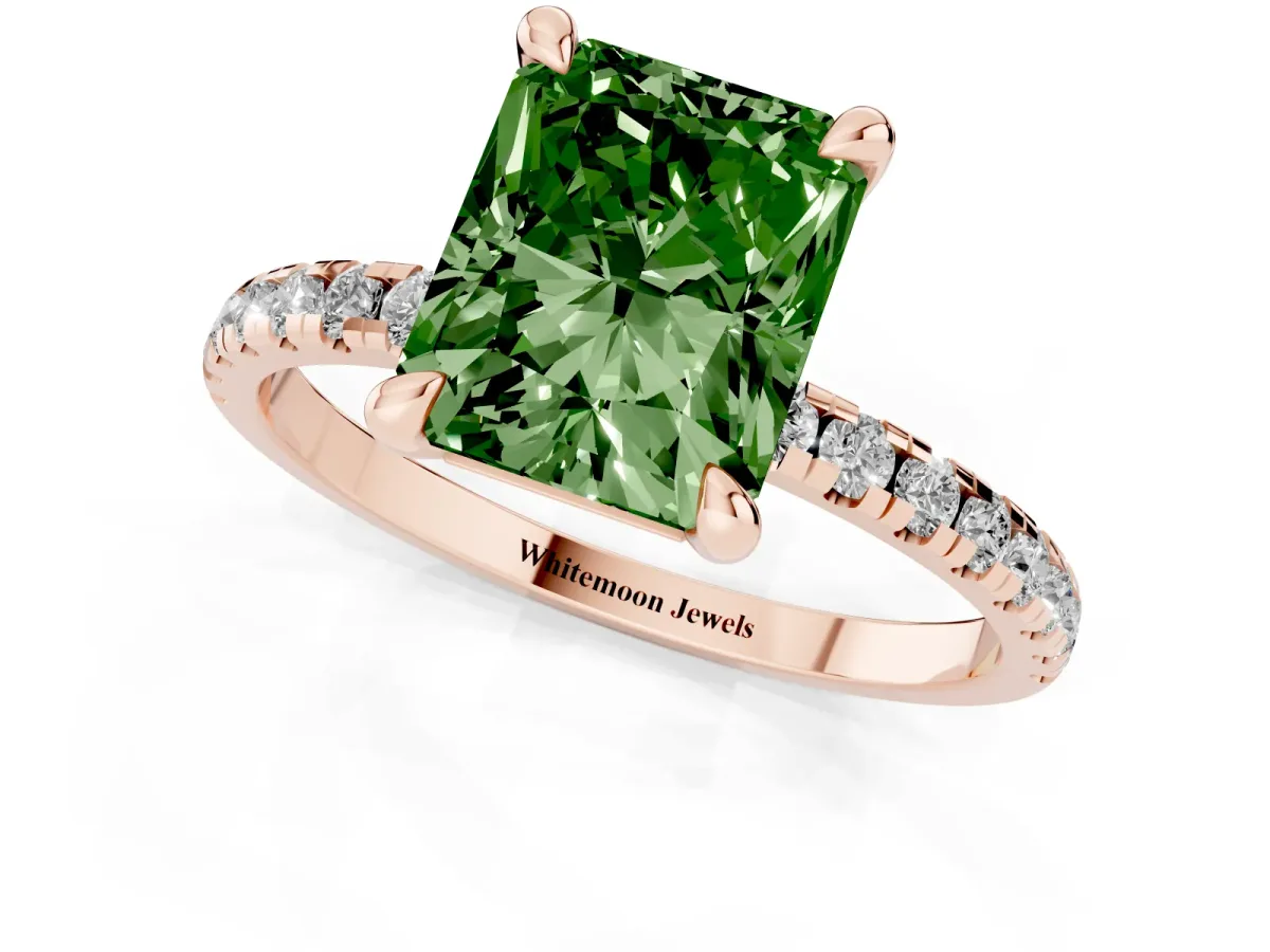 Fancy Green Radiant Cut Diamond Brilliant Solitaire Ring with Pavé Band and Four-Prong Setting Rose gold