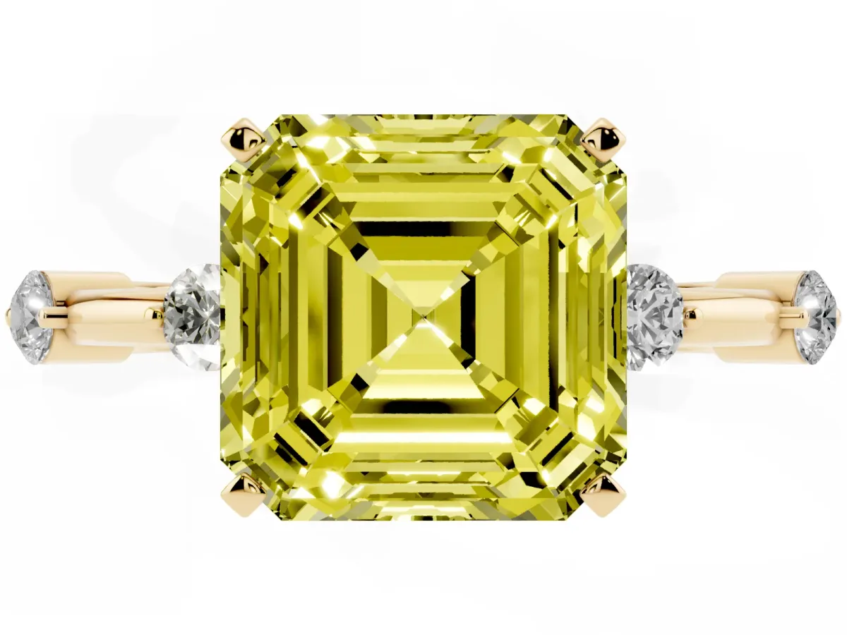 Fancy Yellow Asscher Cut Solitaire Diamond Ring with Bezel Set Side Stones and Prong Setting Yellow gold