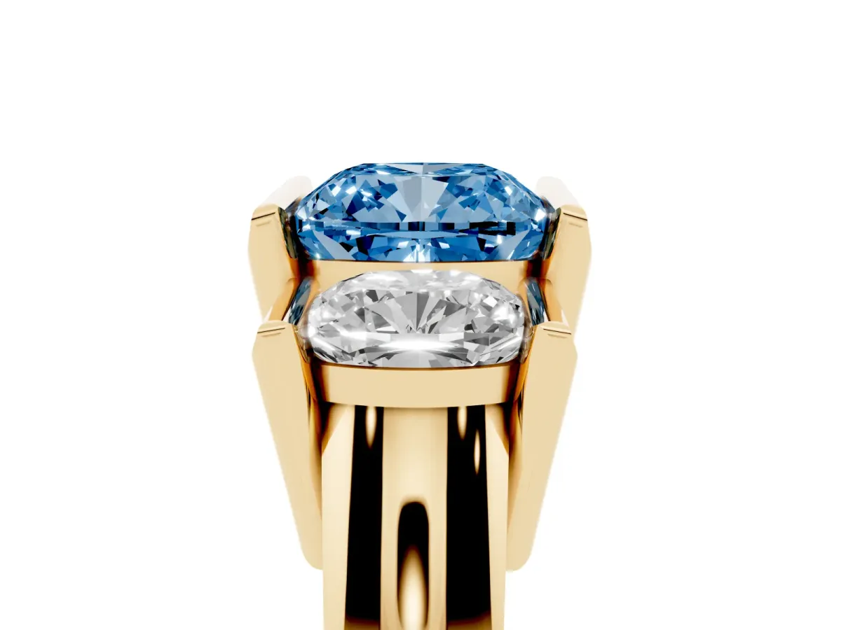 Fancy Blue Three Stone Cushion Cut Cut Channel Set Diamond Ring Yellow gold