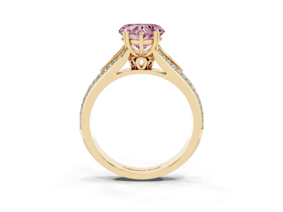 Fancy Pink Heart Cut Diamond Split Shank Engagement Ring with Pavé Band Yellow gold