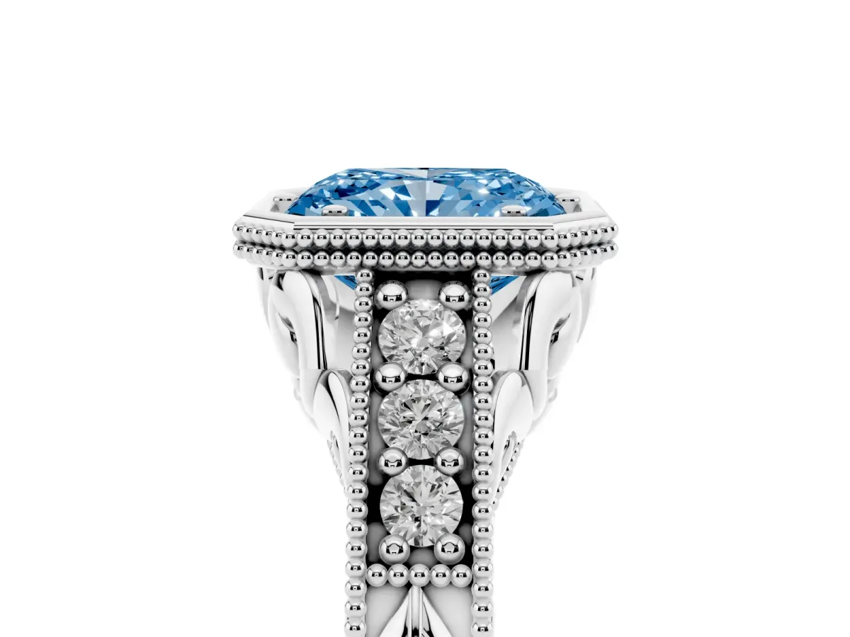 Fancy Blue Bezel Set Radiant Cut Diamond Milgrain Pave Engagement Ring Silver