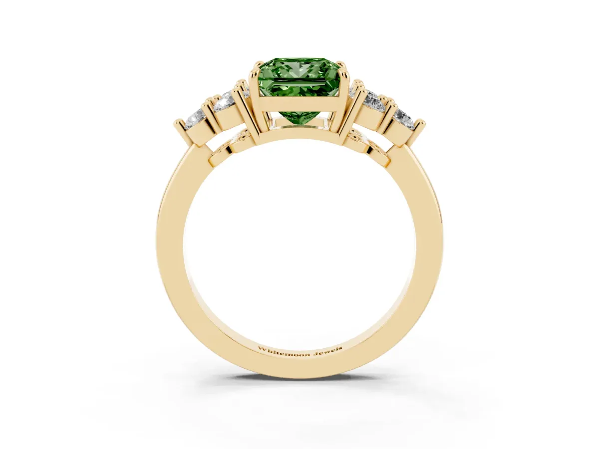 Fancy Green Princess Cut Brilliant Diamond Cluster Accent Solitaire Ring with Prong Setting Yellow gold