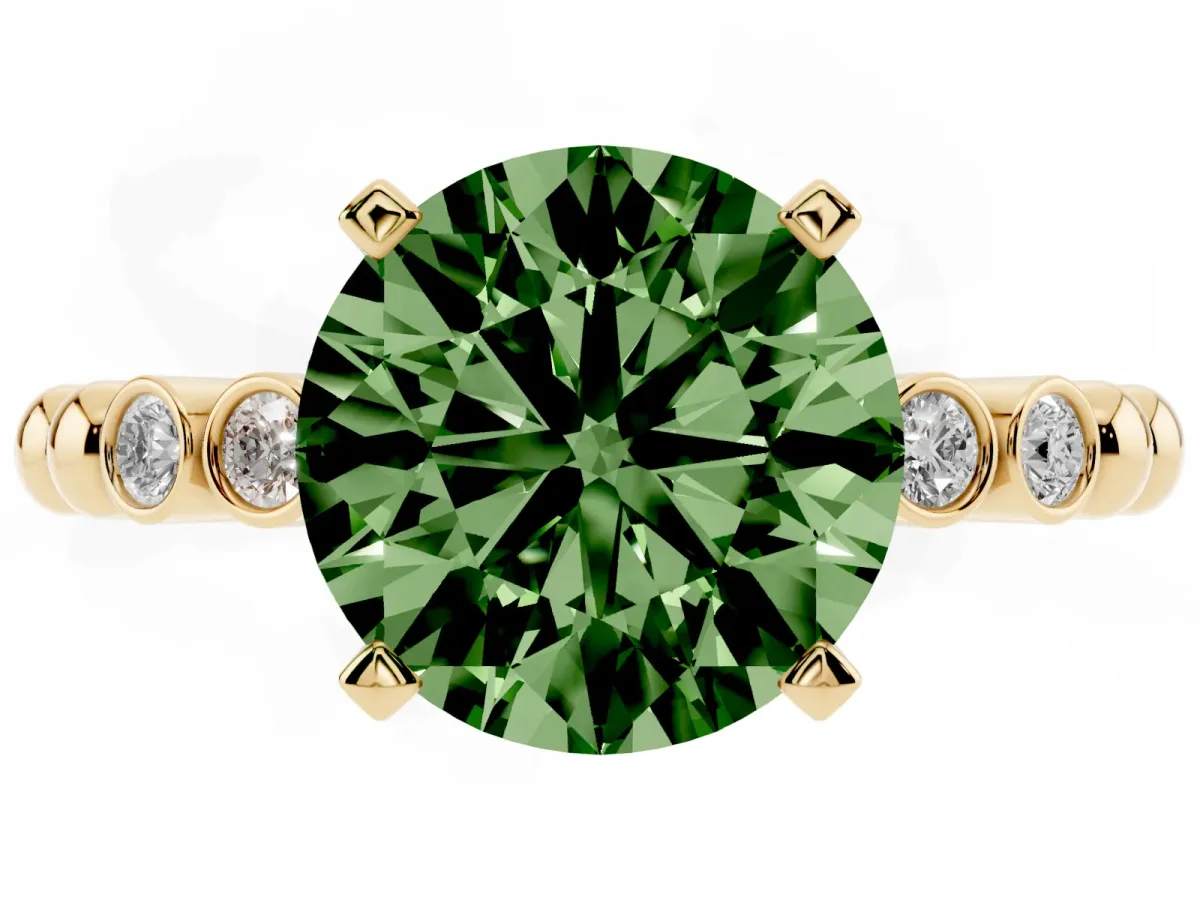 Fancy Green Round Cut Solitaire Bezel Accent Diamond Engagement Ring with Beaded Band and Four-Prong Setting Yellow gold