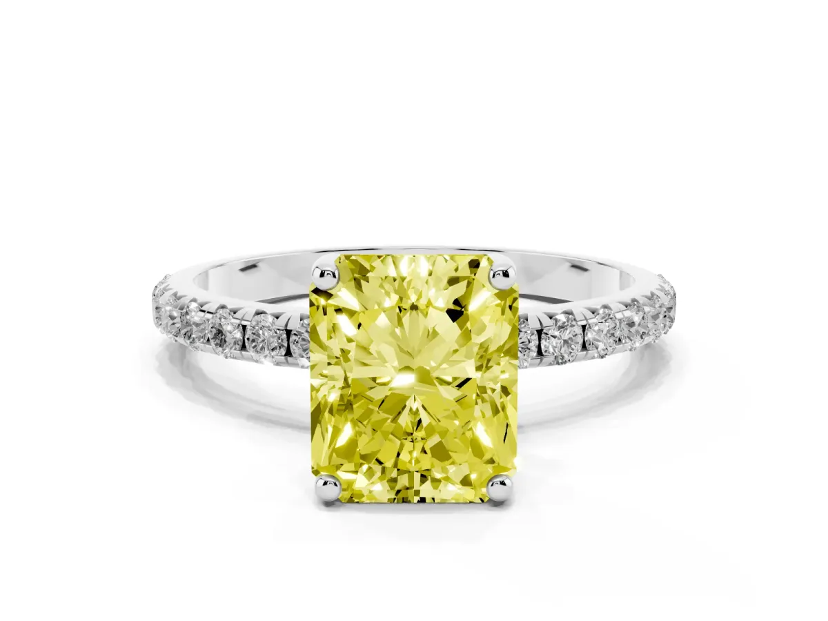 Fancy Yellow Radiant Cut Cut Diamond Solitaire Ring with Micro Pave Band and Four Prong Setting Silver