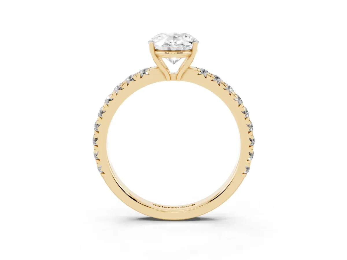 Oval Cut Diamond Pavé Solitaire Engagement Ring with Four-Prong Setting Yellow gold