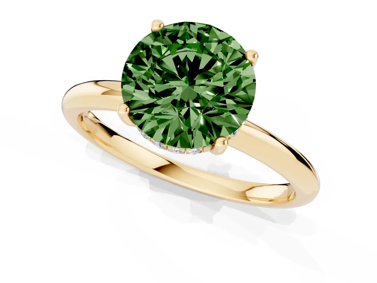 Fancy Green Round Cut Cut Solitaire Engagement Ring with Four-Prong Setting and Classic Band Yellow gold