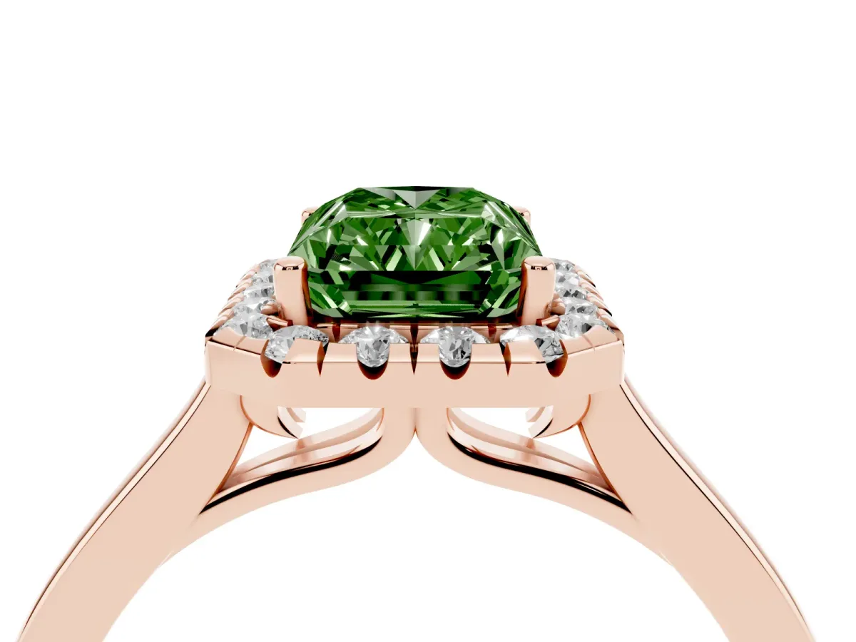 Fancy Green Radiant Cut Halo Round Diamond Solitaire Ring with Pavé Band and Four-Prong Setting Rose gold