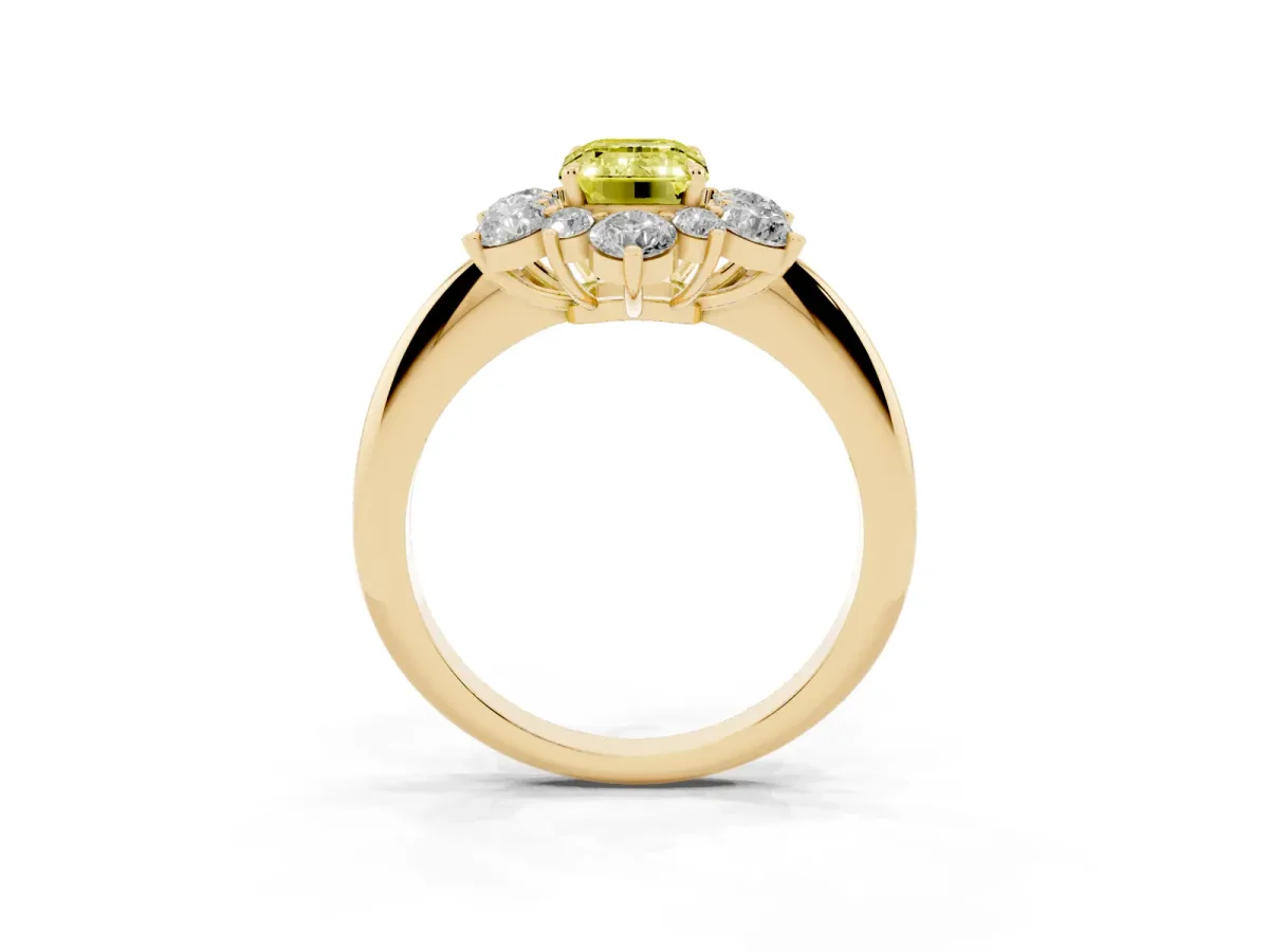 Fancy Yellow Emerald Cut Diamond Cluster Halo Ring with Solitaire Band and Four-Prong Setting Yellow gold