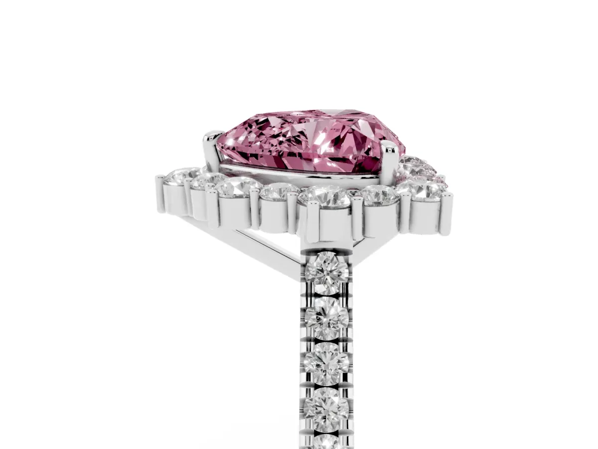 Fancy Pink Heart Cut Halo Diamond Ring with Pavé Band and Prong Setting Silver