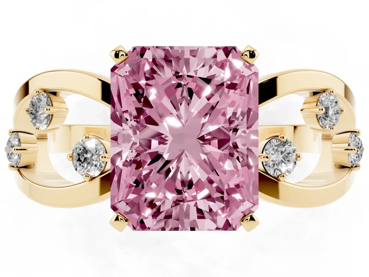 Fancy Pink Radiant Cut Cut Solitaire Diamond with Side Stones on Criss-Cross Band and Four-Prong Setting Yellow gold