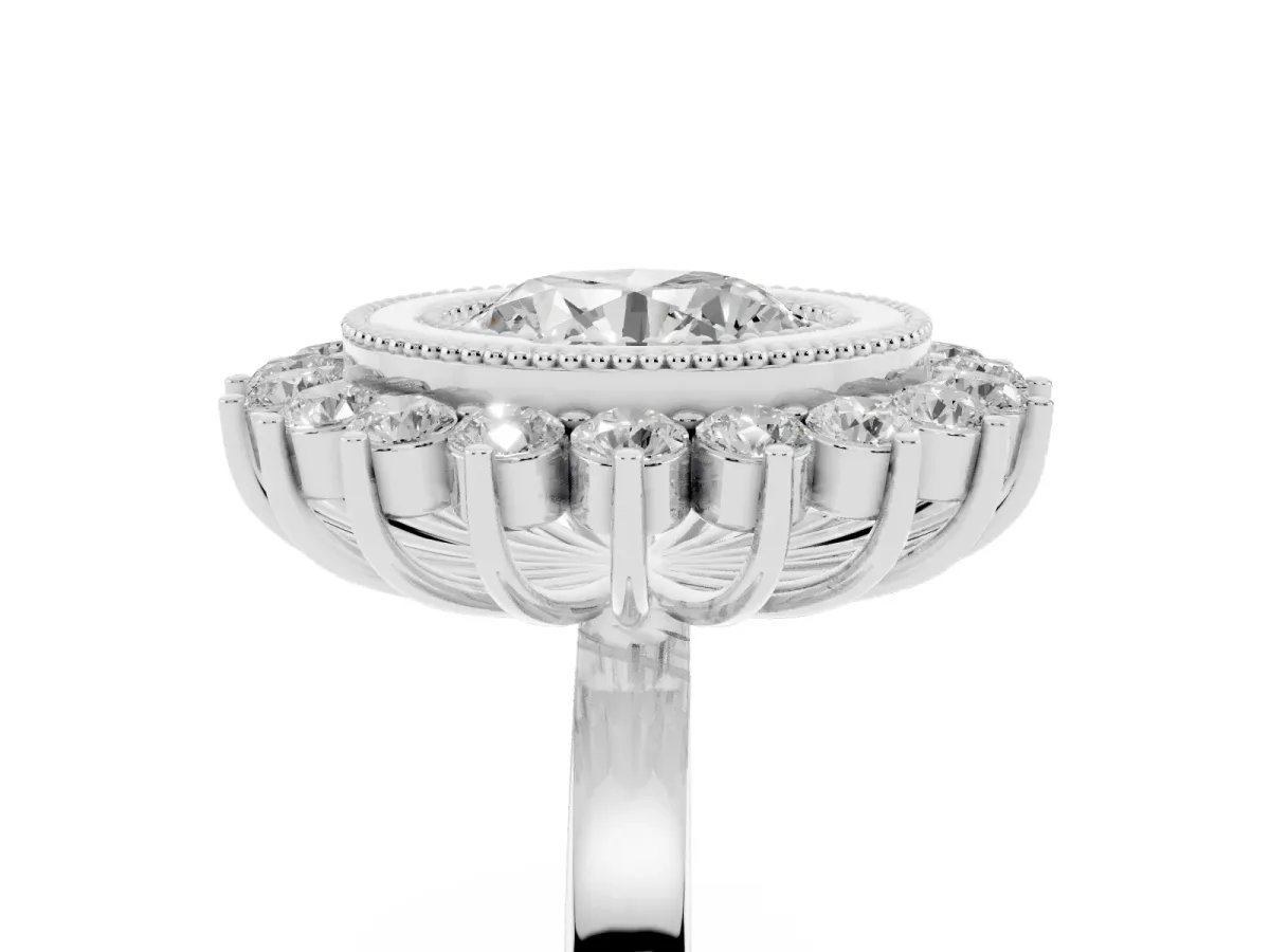 Round Cut Halo Diamond Ring with Milgrain Edge and Round Prong Setting Silver