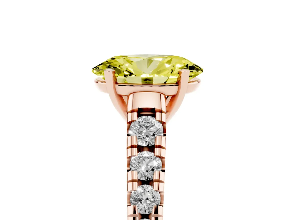 Fancy Yellow Oval Cut Diamond Cathedral Solitaire Ring with Round Pavé Band Rose gold