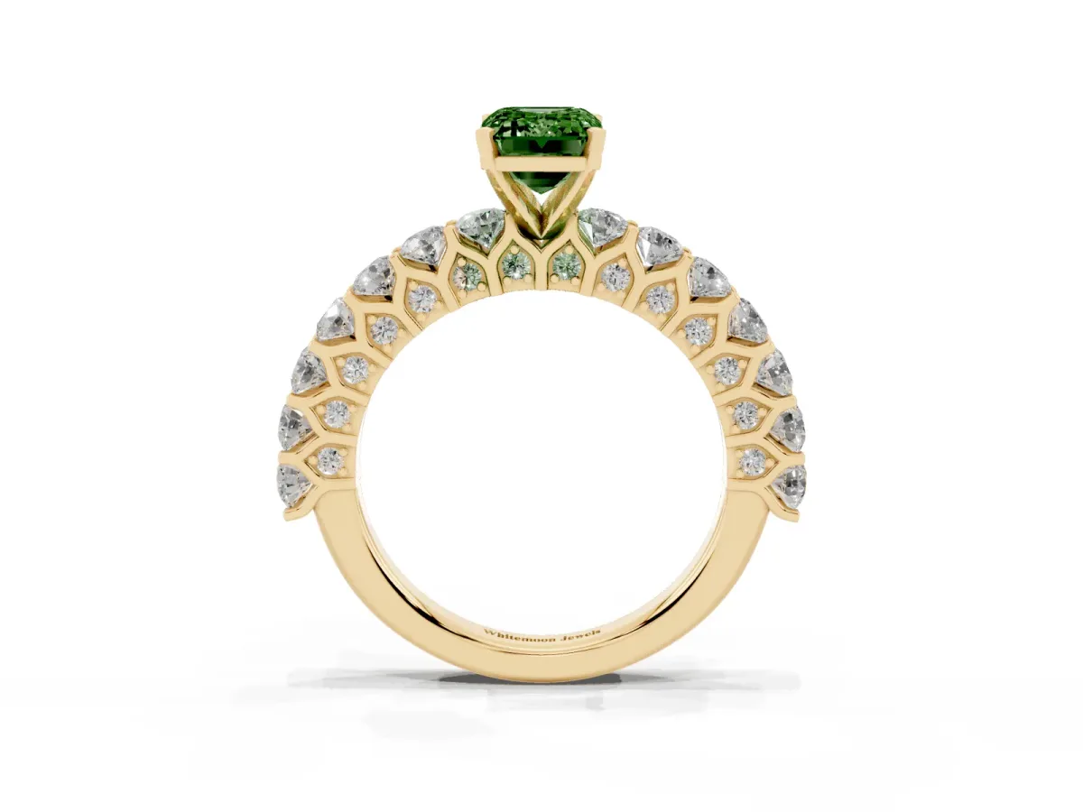 Fancy Green Emerald Cut Diamond Solitaire Ring with Shared Prong Pavé Band and Four-Prong Setting Yellow gold