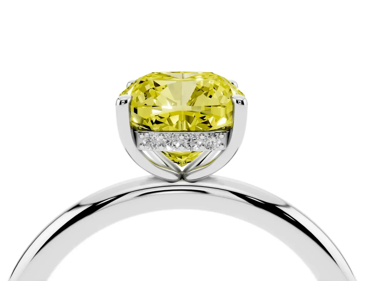 Fancy Yellow Cushion Cut Diamond Solitaire Ring with Thin Band and Four-Prong Setting Silver