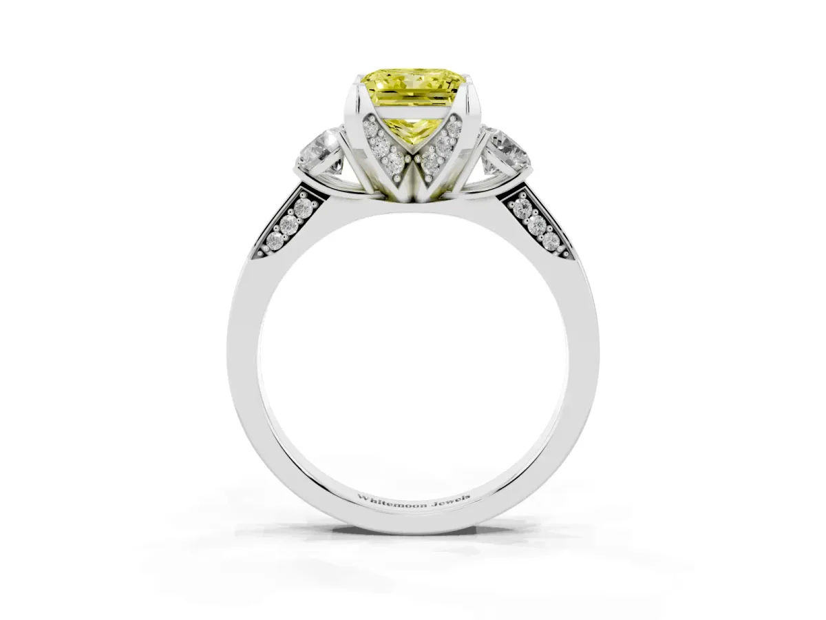Fancy Yellow Princess Cut Brilliant Three-Stone Diamond Ring with Pavé Band and Four-Prong Setting White gold