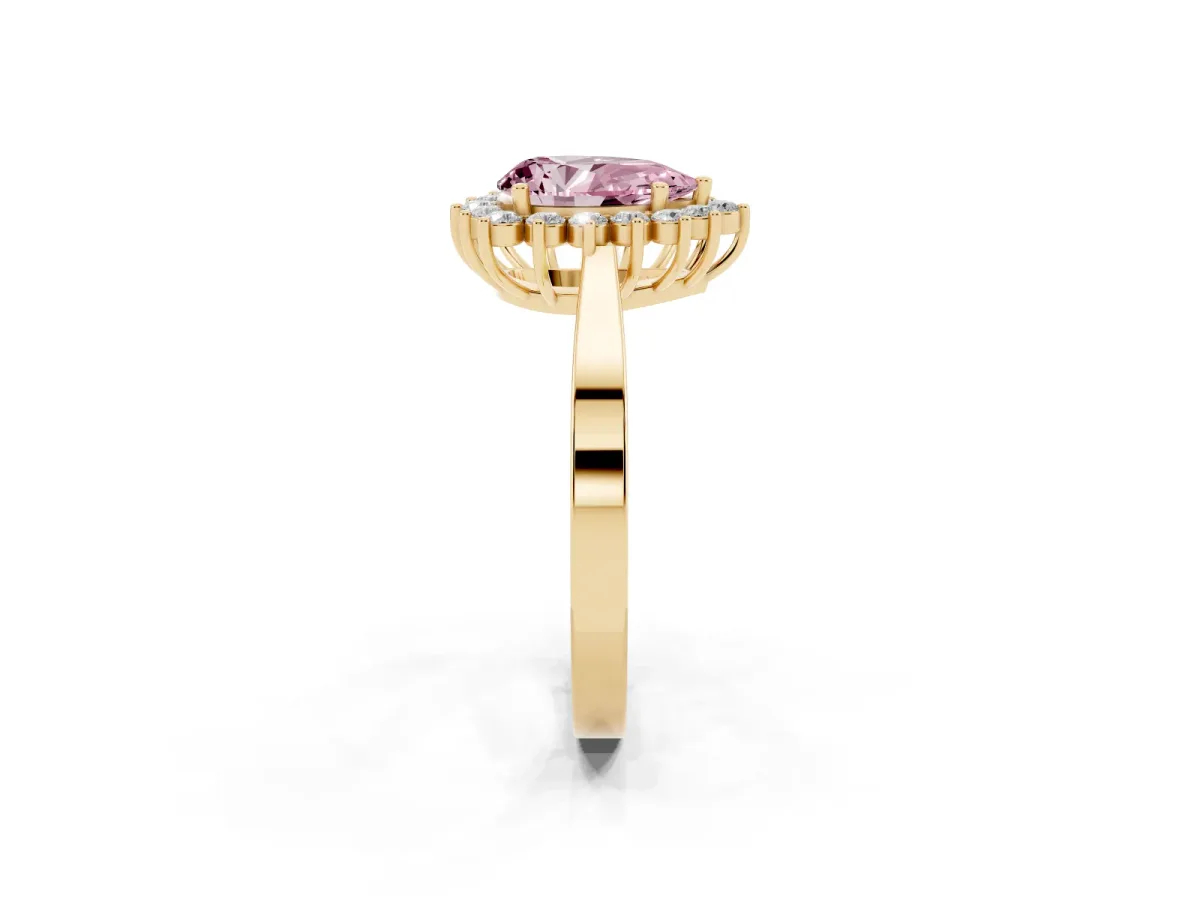 Fancy Pink Pear Cut Cut Diamond Halo Ring with Round Brilliant Halo and Solitaire Band Yellow gold