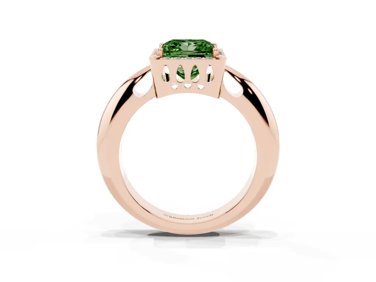 Fancy Green Princess Cut Cut Diamond Halo Engagement Ring with Split Shank and Four-Prong Setting Rose gold