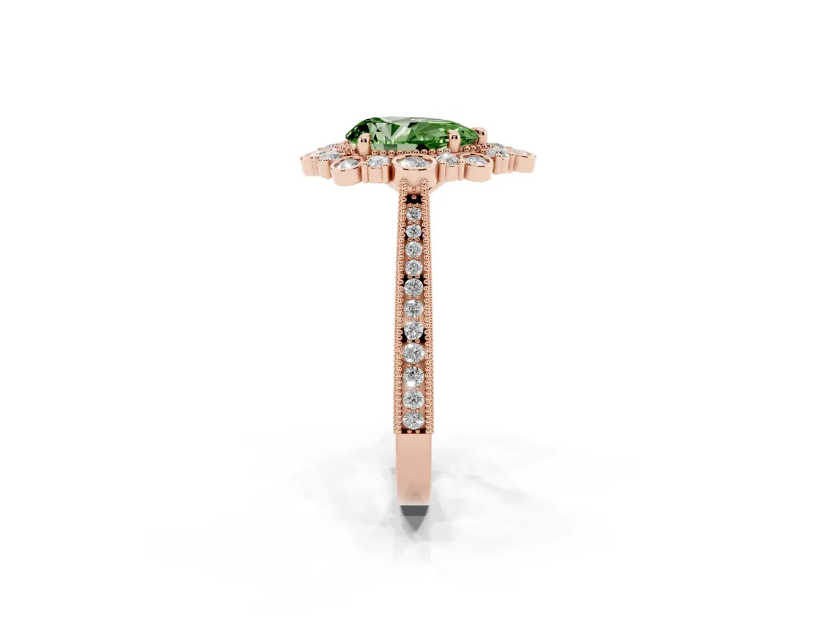 Fancy Green Pear Cut Halo Milgrain Pave Diamond Ring with Four-Prong Setting Rose gold