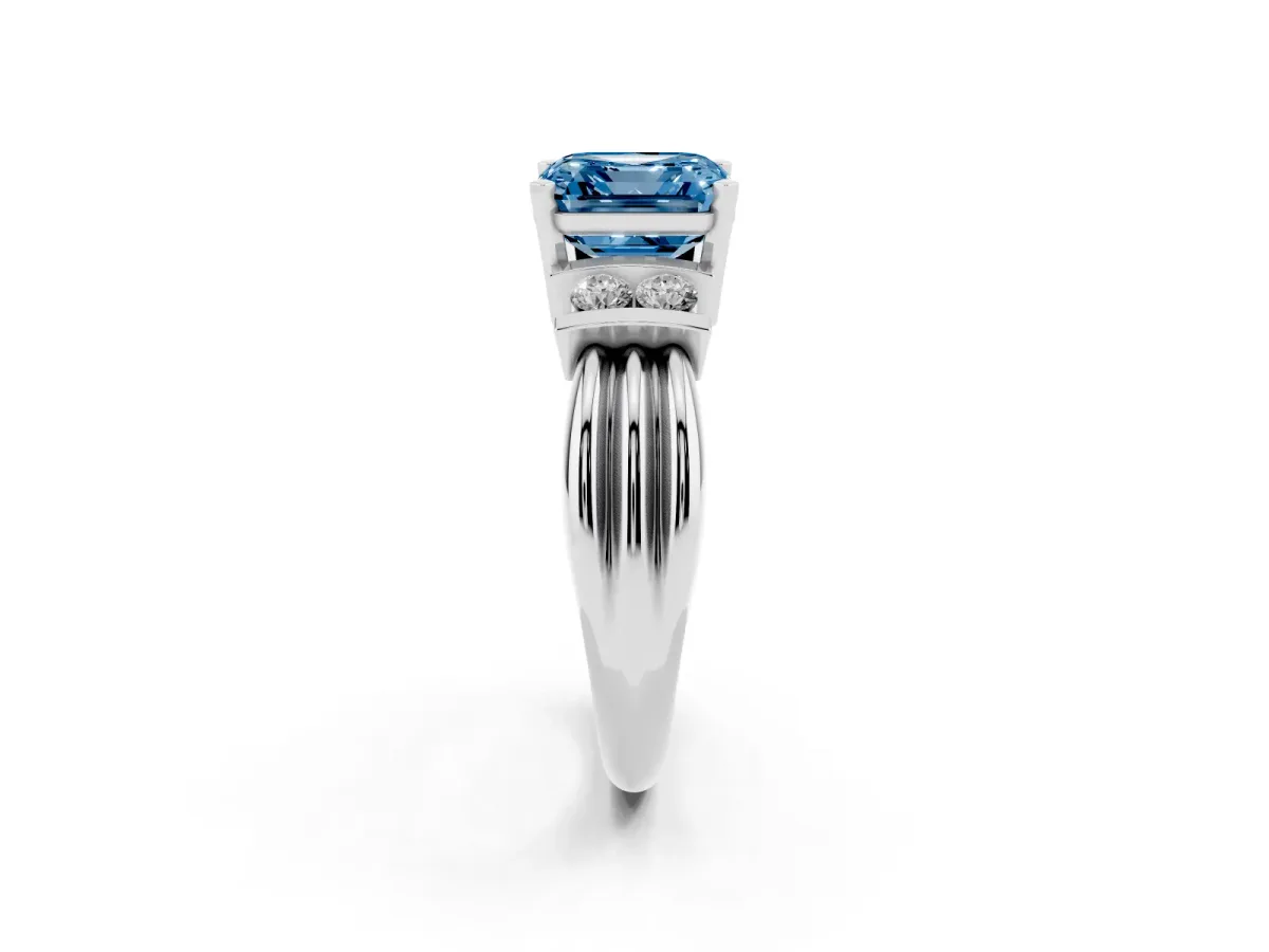 Fancy Blue Asscher Cut Cut Three-Stone Channel Set Ring with Bar Prongs Silver