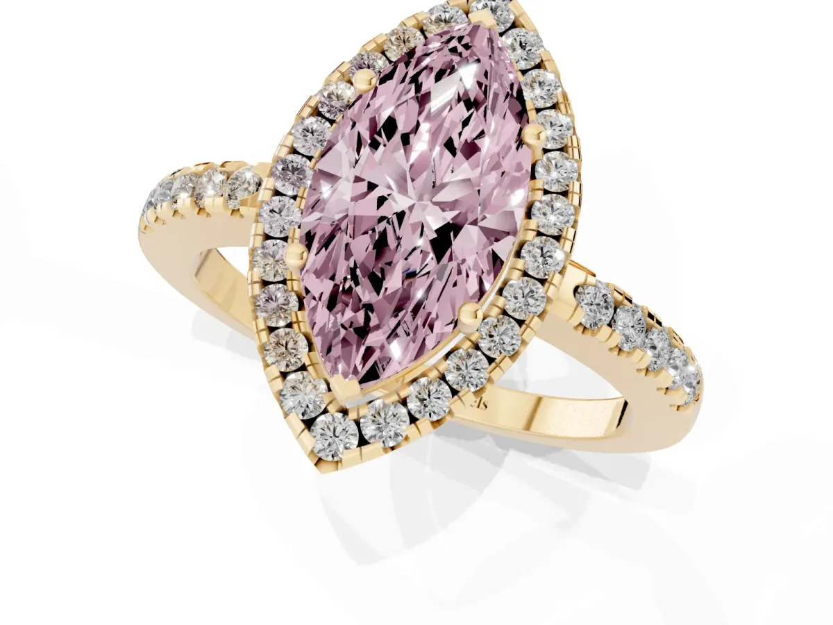 Fancy Pink Marquise Cut Halo Diamond Engagement Ring with Pavé Band and Four-Prong Setting Yellow gold