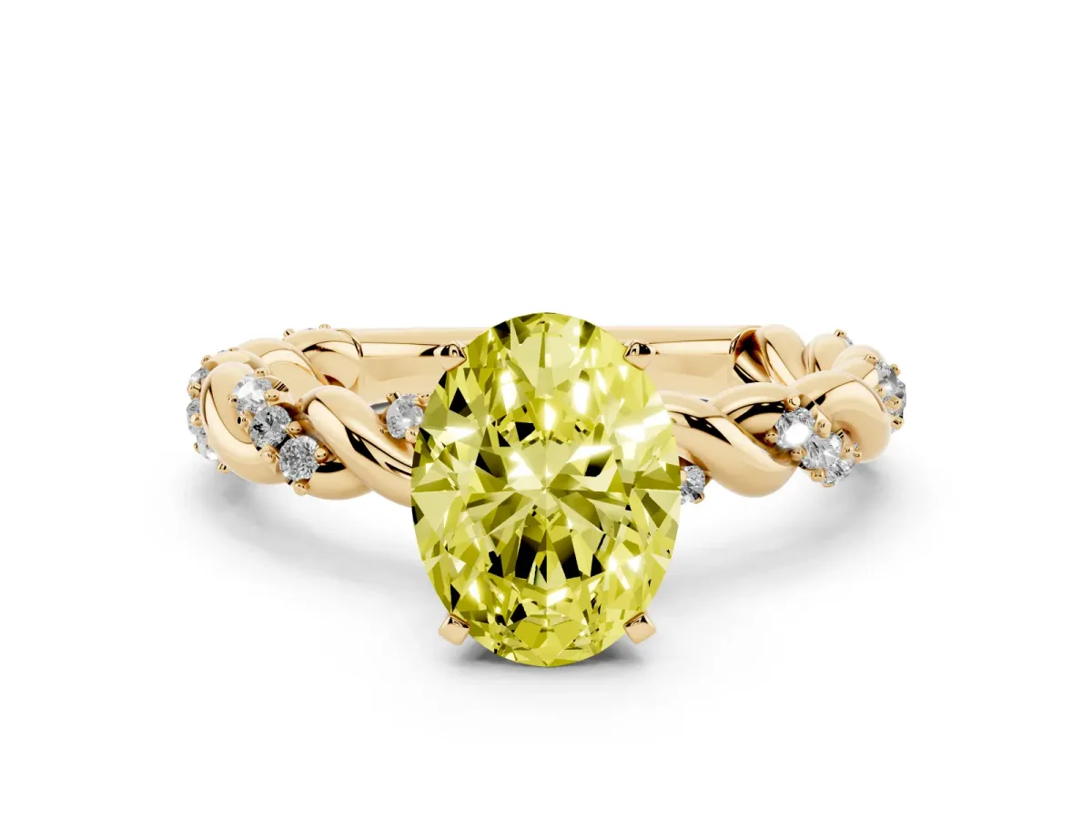 Fancy Yellow Oval Cut Diamond Solitaire Ring with Twisted Band and Pavé Accents Yellow gold